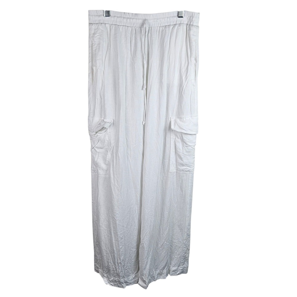 Grey Bandit White Linen Blend Drawstring Waist Wide Leg Cargo Pants Womens S
